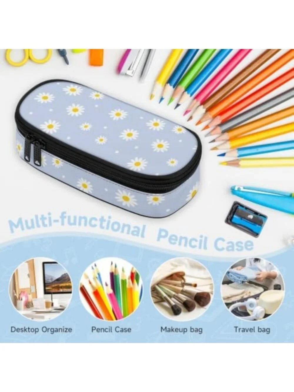Cute Blue Daisy Flower Large Pencil Case | Stylish Pouch for Kids & Teens